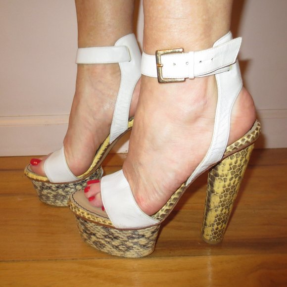 MALENE BIRGER Portugal, White Strap Snakeskin Platform Heels - Picture 3 of 10
